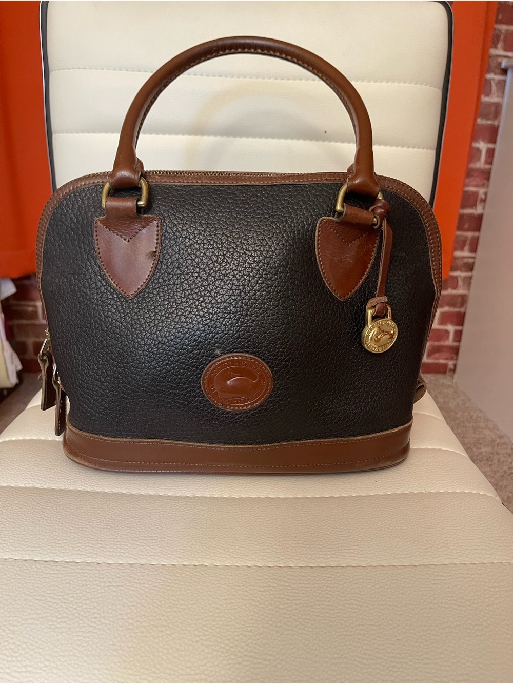 Vintage Doney & Bourke Black Pebbled Leather Dome Satchel with Brown Trim